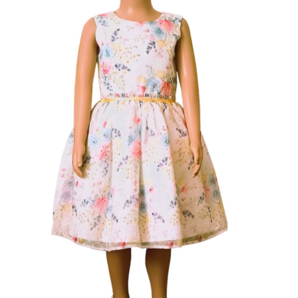 Girl's Floral Swiss Dot Dress 6 Sheer Lined Ribbon Band Ruffle Waist Spring